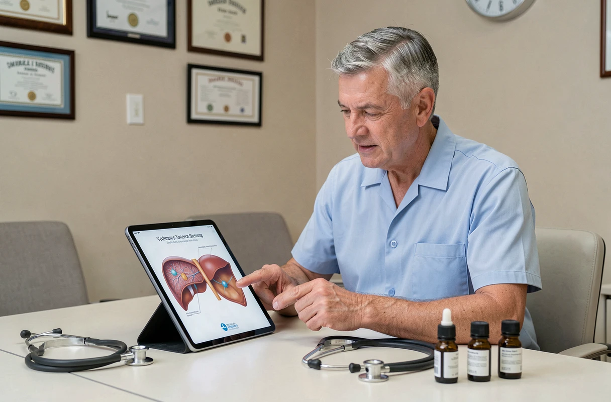 Médecin généraliste expliquant les risques hépatiques des huiles essentielles avec un schéma du foie sur tablette lors d'une consultation