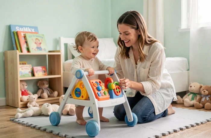 Mère aidant son bébé à marcher avec un youpala coloré sur un tapis de jeu dans une chambre d'enfant aux murs menthe