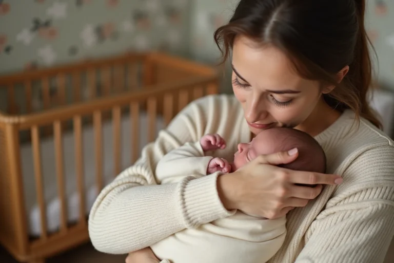 Jeune mère tenant tendrement son nouveau-né emmailloté dans une mousseline dans une chambre de bébé cosy et bien décorée