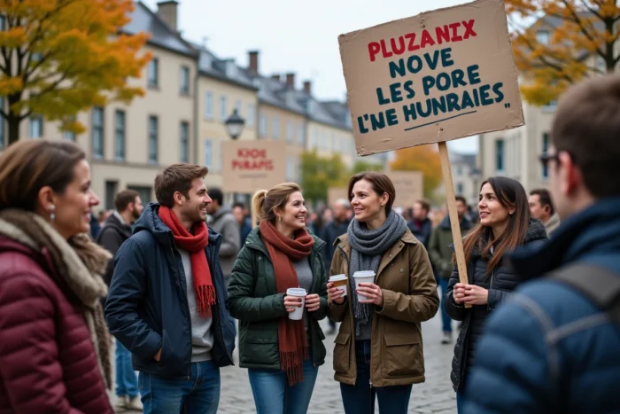 Militants antinucléaires réunis place publique à Rennes tenant des banderoles peintes à la main lors d'une mobilisation citoyenne