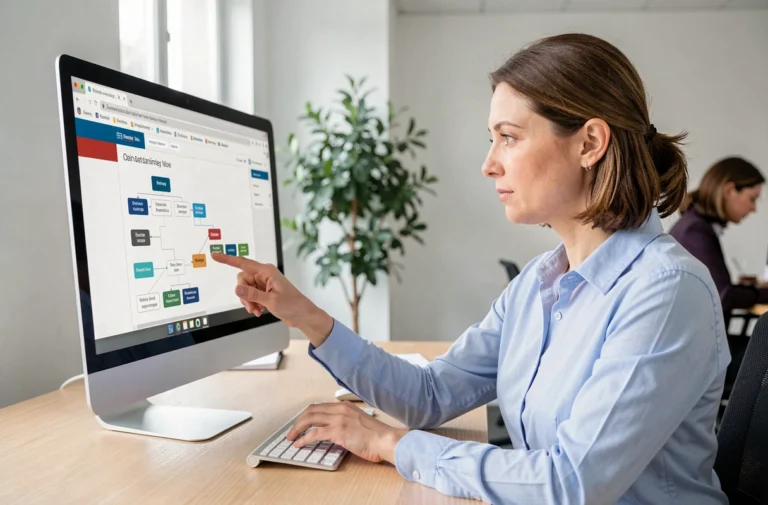 Femme professionnelle naviguant sur le plan du site cBusiness depuis un bureau en entreprise