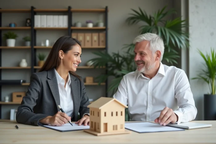 Deux professionnels échangeant des contrats de bail immobilier dans un bureau moderne, représentant la relation entre structure OpCo et PropCo