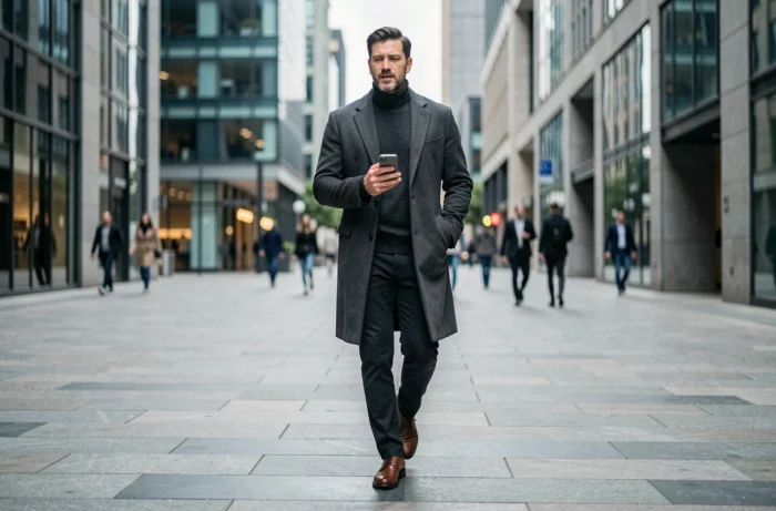 Homme d'affaires marchant avec détermination dans une place urbaine moderne, vêtu d'un manteau charbon élégant