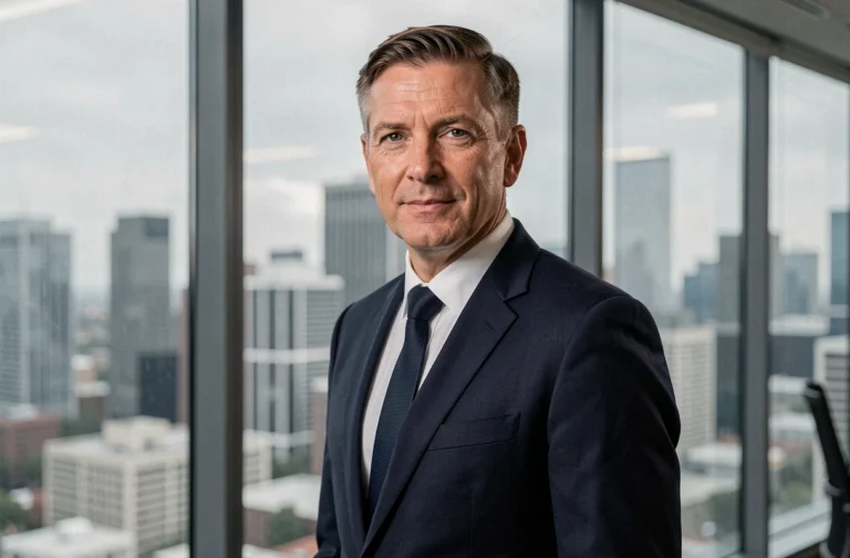 Portrait professionnel d'un homme d'affaires en costume marine devant une fenêtre panoramique sur une ville moderne