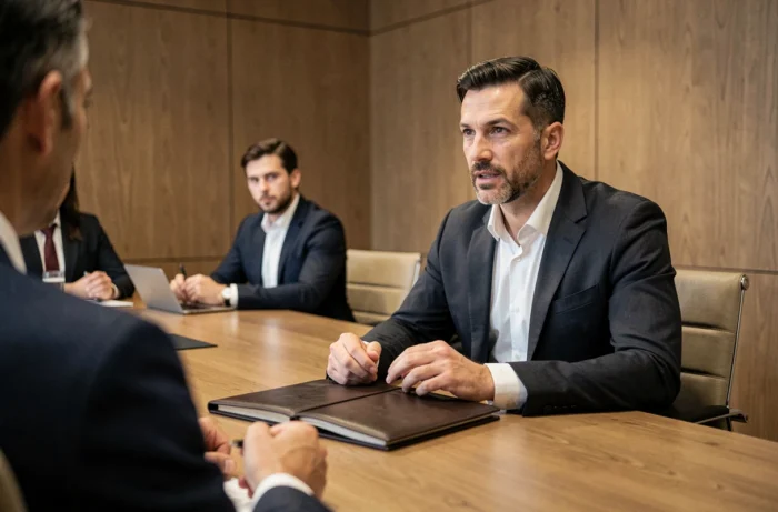 Homme d'affaires en réunion dans une salle de conférence moderne, engagé dans une discussion professionnelle