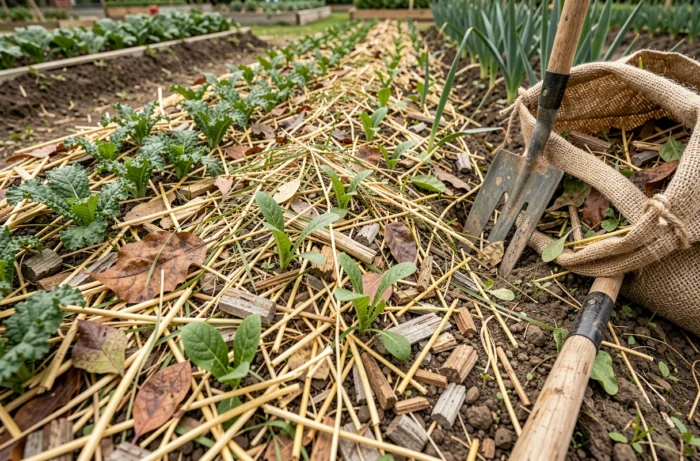 Paillage épais de matières organiques locales comme la paille, les feuilles mortes et les tontes appliqué sur le sol nu entre les rangs de légumes pour conserver l'humidité et protéger la vie du sol