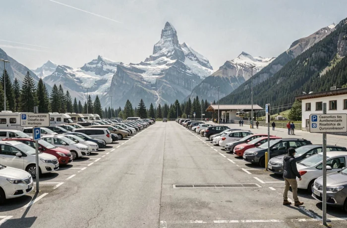 Parking extérieur bondé face à l'Aiguille du Midi à Chamonix avec le Mont Blanc en arrière-plan