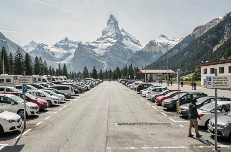 Parking extérieur bondé face à l'Aiguille du Midi à Chamonix avec le Mont Blanc en arrière-plan
