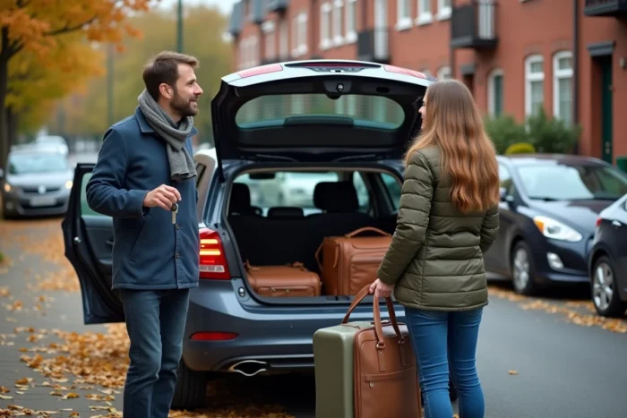 Conducteur Blablacar accueillant ses passagers et chargeant les bagages dans le coffre avant un trajet partagé dans une rue résidentielle en automne