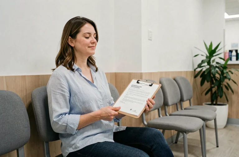 Patiente satisfaite remplissant un formulaire d'avis dans la salle d'attente moderne de la clinique dentaire Dentakay