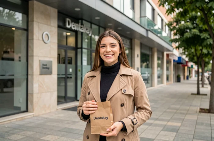 Patiente souriante devant la façade de la clinique dentaire Dentakay à Istanbul après son traitement