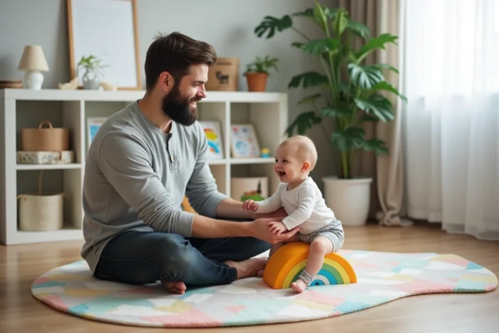 Père jouant avec son bébé de six mois sur un tapis d'éveil coloré dans un salon moderne et bien rangé