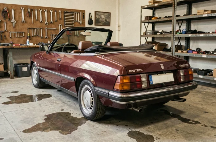 Peugeot 305 Cabriolet Bordeaux der 80er Jahre in einer Vintage-Garage mit geschlossenem Verdeck