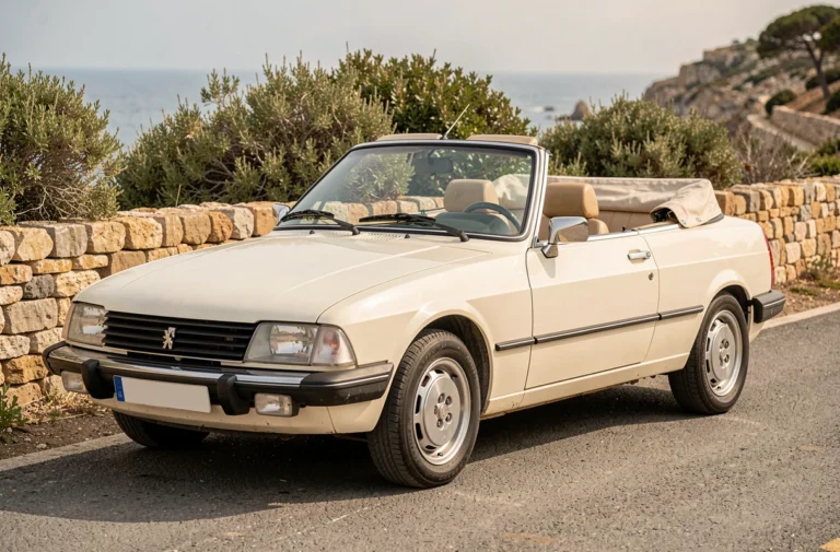 Peugeot 305 cabriolet d'occasion blanche décapotée sur une route côtière méditerranéenne