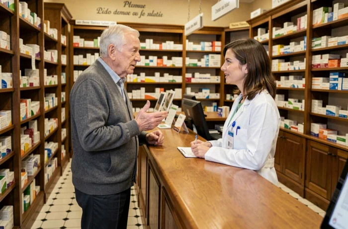 Homme âgé en discussion avec une pharmacienne dans une pharmacie traditionnelle française aux étagères en bois