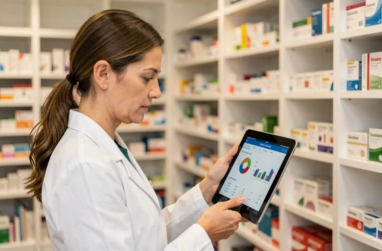 Pharmacienne consultant les dernières tendances pharmaceutiques sur une tablette numérique dans une pharmacie moderne