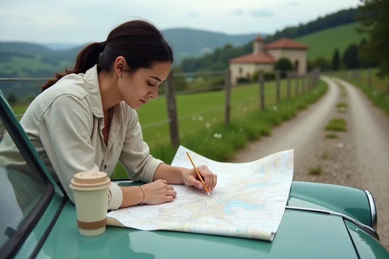 Femme planifiant un road trip en France avec une carte routière dépliée sur le capot d'une voiture de tourisme en campagne