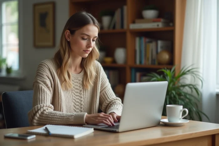 Femme planifiant et optimisant ses trajets Blablacar sur ordinateur portable avec notes manuscrites pour maximiser ses revenus de covoiturage