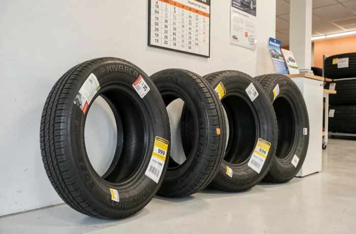 Rangée de pneus quatre saisons exposés dans un magasin spécialisé avec étiquettes de prix et informations techniques