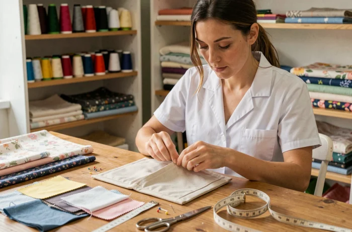 Femme infirmière cousant une pochette en tissu pour blouse médicale à une table de couture en bois avec accessoires de mercerie