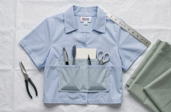Pochette infirmière cousue main en tissu vert sauge fixée sur une blouse médicale bleue, vue de dessus avec accessoires de couture