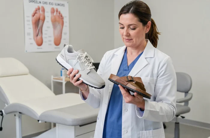 Podologue en blouse blanche examinant une chaussure Billowy et une sandale Birkenstock dans un cabinet médical moderne