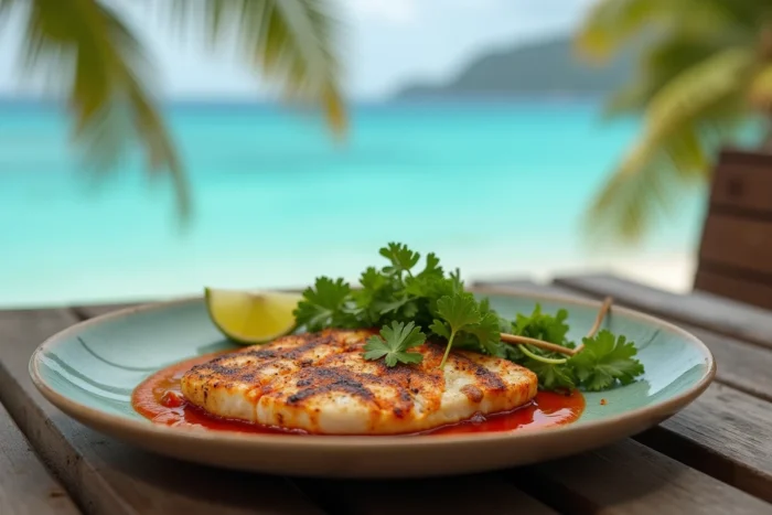 Poisson grillé nappé de sauce chien servi sur une assiette artisanale dans un restaurant de bord de mer aux Antilles