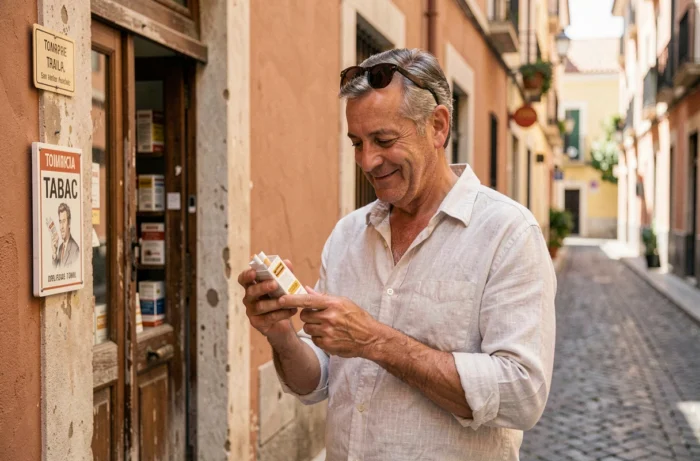 Un homme espagnol tenant un paquet de cigarettes devant un bureau de tabac à Barcelone en 2026