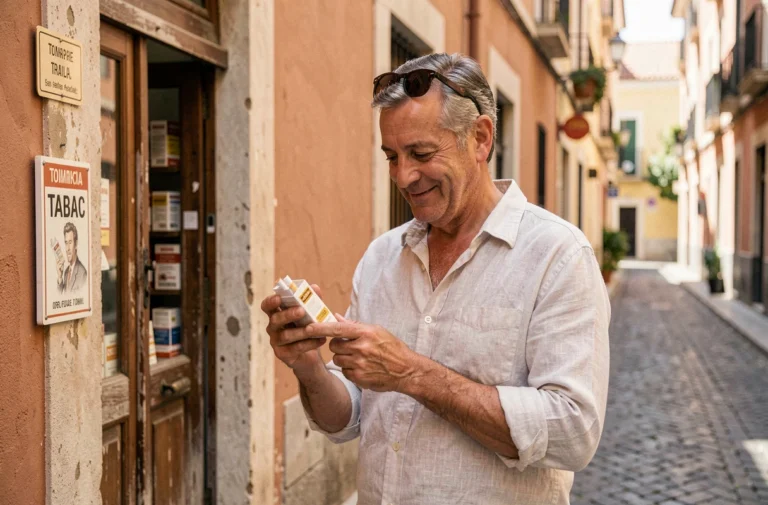 Un homme espagnol tenant un paquet de cigarettes devant un bureau de tabac à Barcelone en 2026