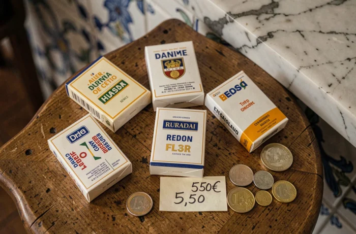 Paquets de cigarettes espagnols et pièces en euros sur une table de café illustrant le prix attractif du tabac en Espagne