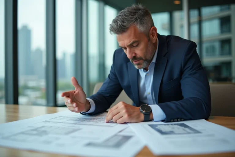 Professionnel de l'immobilier analysant des plans et documents financiers dans une salle de conférence avec vue sur la ville, illustrant les stratégies OpCo PropCo