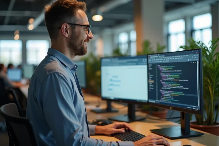 Professionnel expérimenté optimisant son navigateur web sur Linux dans un espace de coworking