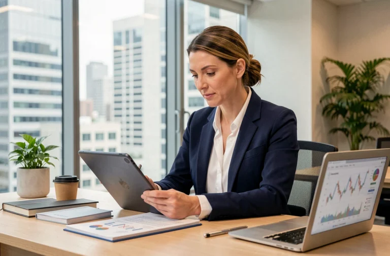 Professionnelle en blazer navy analysant des documents et une tablette numérique dans un bureau moderne avec vue sur la ville