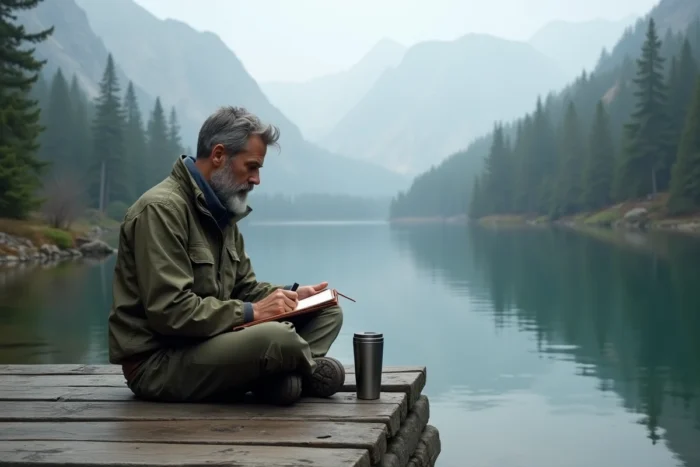 Randonneur prenant des notes dans un carnet au bord d'un lac de montagne scandinave entouré de forêts de pins