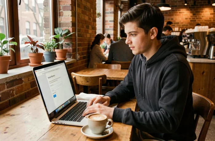 Joven en hoodie recuperando una contraseña olvidada en su ordenador portátil en un café urbano