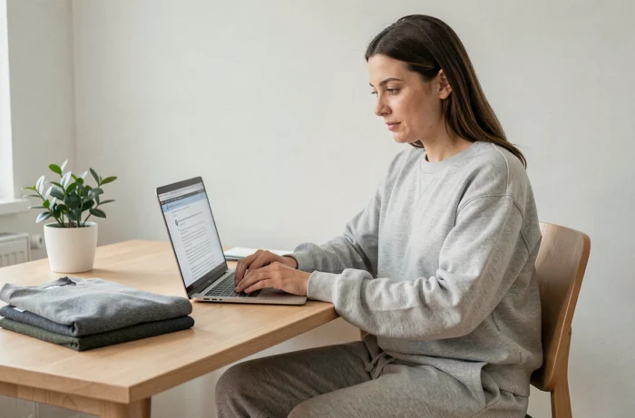 Femme rédigeant un avis détaillé sur des vêtements Halara depuis son bureau à domicile avec des articles pliés à côté