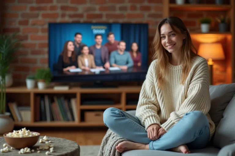 Jeune femme regardant La Flamme en streaming sur sa télévision depuis son canapé confortable à la maison