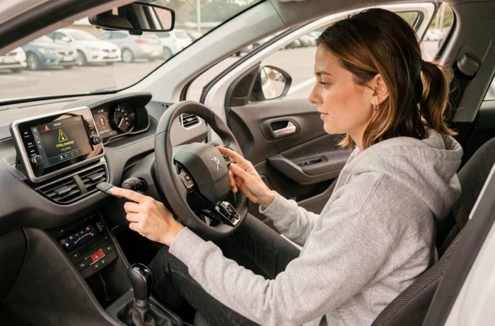 Conductrice réinitialisant le voyant pression pneu sur le tableau de bord d'une Peugeot 2008 via le menu de l'ordinateur de bord