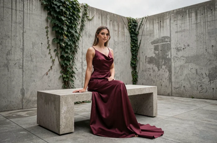 Femme en robe longue satin bordeaux posant dans une cour urbaine minimaliste, mode glamour tendance saison automne hiver