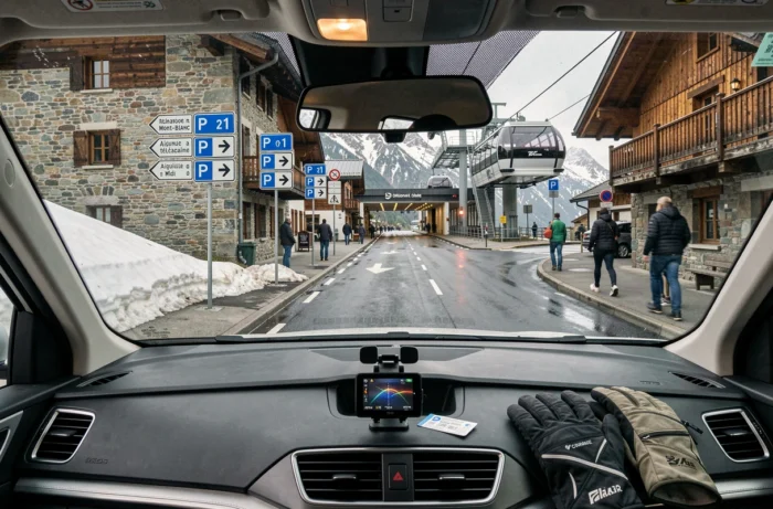 Vue depuis un habitacle de voiture sur la route menant au parking de l'Aiguille du Midi à Chamonix