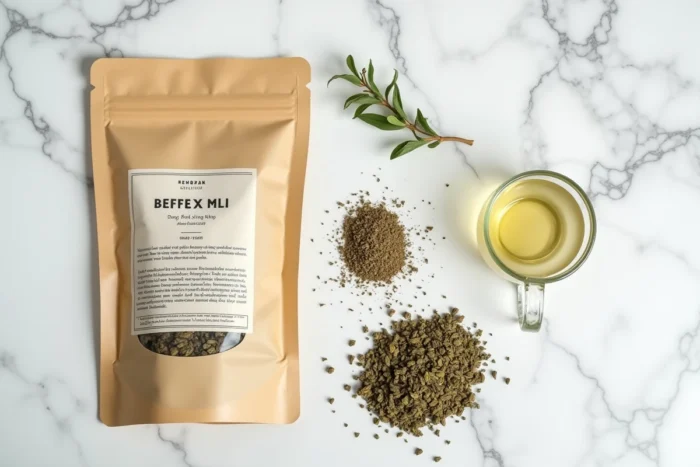 Vue aérienne d'un sachet de thé detox Lulutox avec des herbes séchées et des ingrédients naturels sur marbre blanc