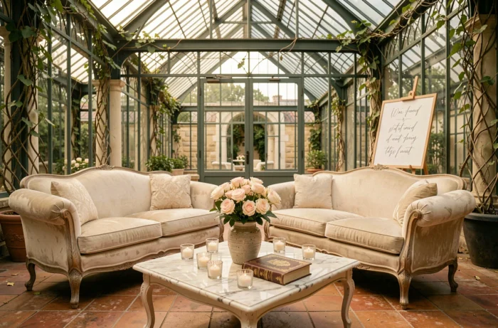 Coin salon de mariage cosy avec canapés en velours crème et décoration florale dans une orangerie parisienne