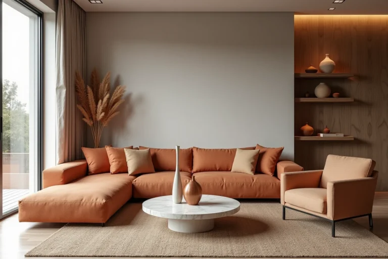 Salon scandinave moderne aux tendances déco 2024 avec canapé en lin terracotta, fauteuil bouclé et table basse en travertin