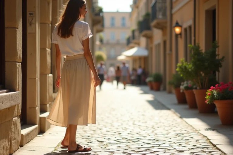 Femme portant des sandales plates en cuir élégantes et confortables dans une rue pavée européenne ensoleillée, alternative au style Birkenstock