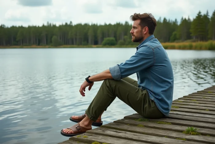 Homme portant des sandales en cuir confortables à semelle rembourrée assis sur un ponton en bois au bord d'un lac, alternative masculine aux sandales Birkenstock