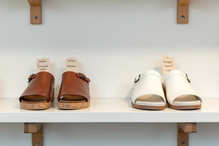 Deux paires de sandales exposées côte à côte sur une étagère de magasin, l'une de style Birkenstock et l'autre de style Scholl, dans un environnement commercial minimaliste
