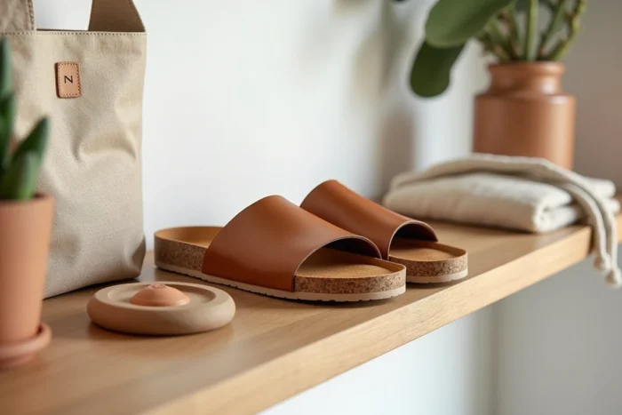 Sandales à semelle en liège avec soutien anatomique de la voûte plantaire exposées dans une boutique minimaliste, alternatives élégantes aux Birkenstock
