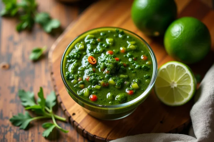 Bol de sauce chien traditionnelle antillaise avec herbes fraîches, ail et piments sur une planche en bois rustique
