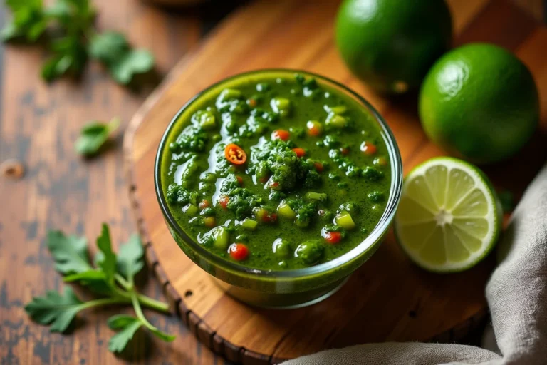 Bol de sauce chien traditionnelle antillaise avec herbes fraîches, ail et piments sur une planche en bois rustique