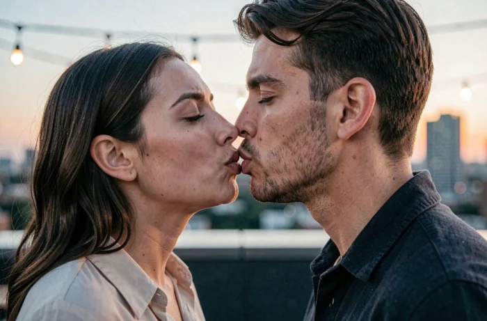 Una pareja con los labios casi juntos, respiraciones entrelazadas, en un momento suspendido antes del beso en una terraza